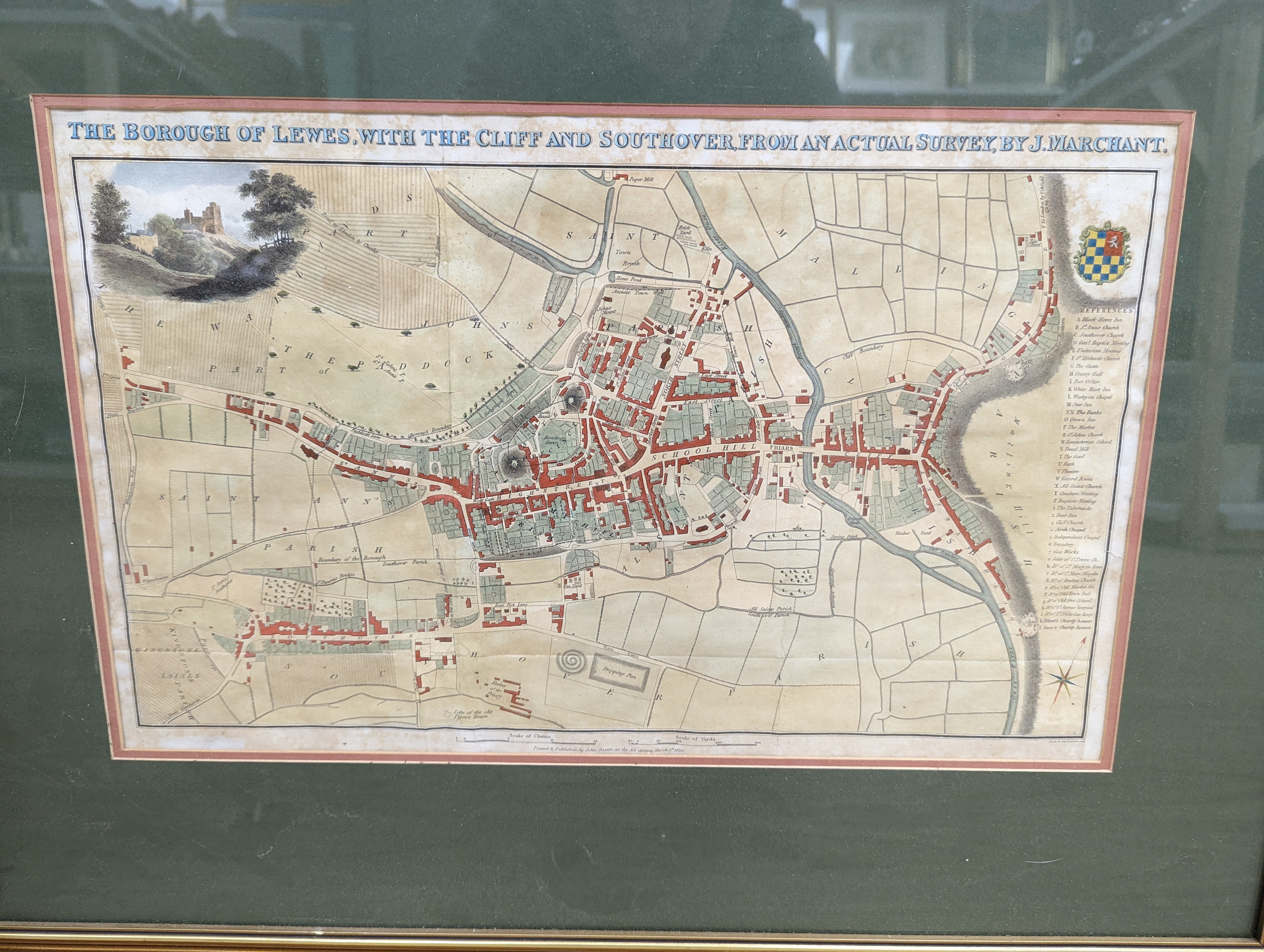 Three framed maps - The Borough of Lewes, with Cliff and Southover, from an actual survey, by J.Marchant, published by J.Baxter, Sussex published by Pigot & co and A Plan of the proposed Navigable Canal from Andover to R